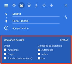 filtros itinerarios google maps