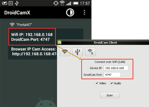 Droidcam camara online frontal