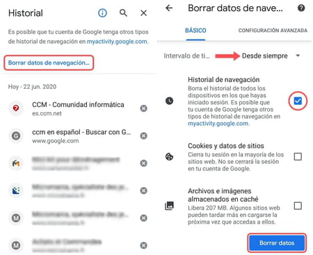 Borrar el historial de Chrome