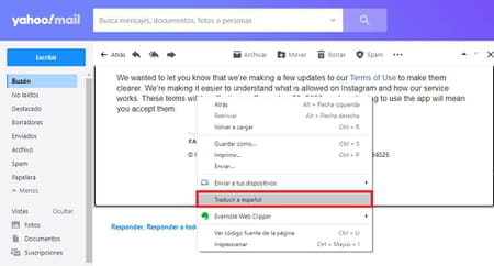 Traducir un correo en Yahoo